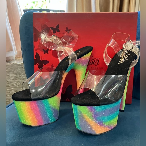 PLEASER Sexy 7" Heel Neon Galaxy Glitter Platform Stripper Dancer Clear Shoes - Picture 1 of 3